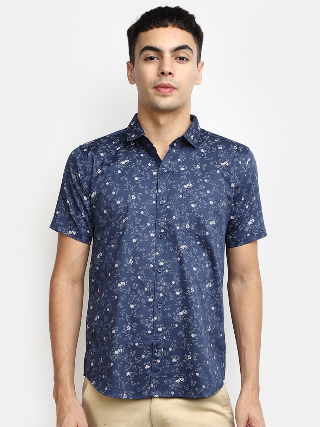 

V-Mart Slim Fit Floral Printed Short Sleeves Satin Casual Shirt, Blue