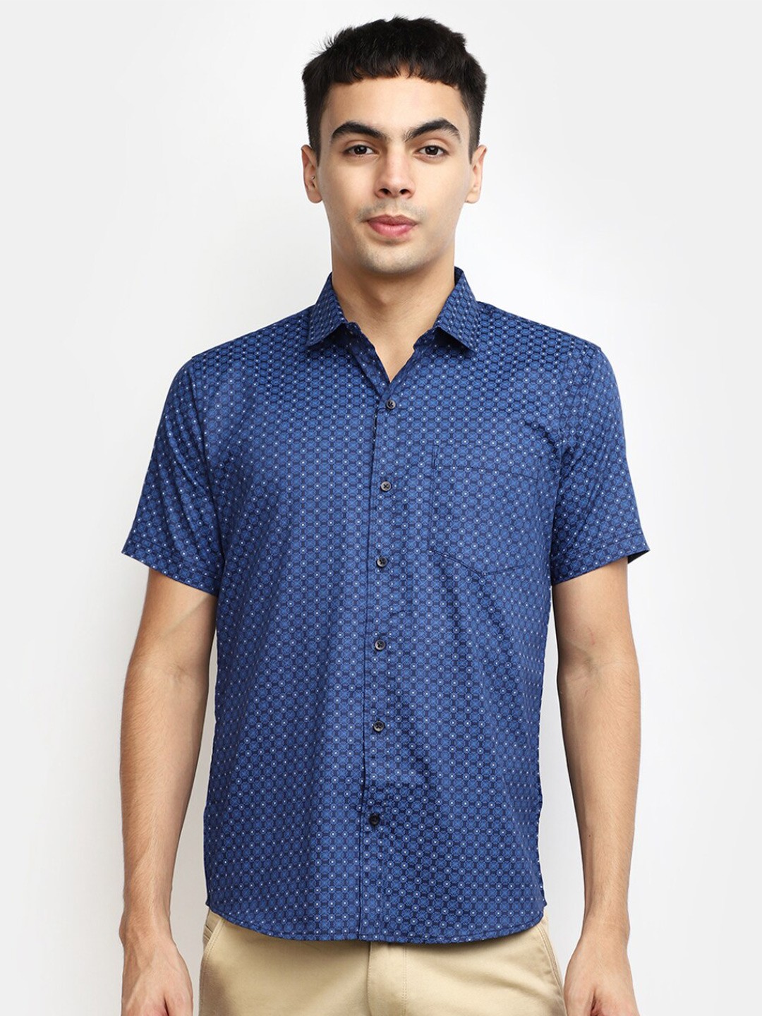 

V-Mart Slim Fit Floral Printed Short Sleeves Satin Casual Shirt, Blue