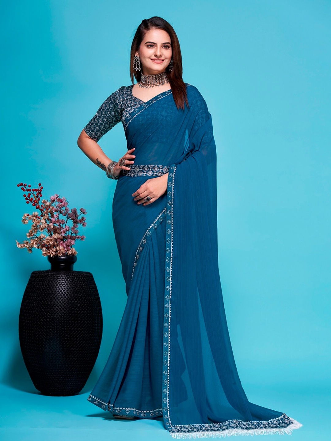 

AVANTIKA FASHION Beads and Stones Pure Silk Saree, Turquoise blue