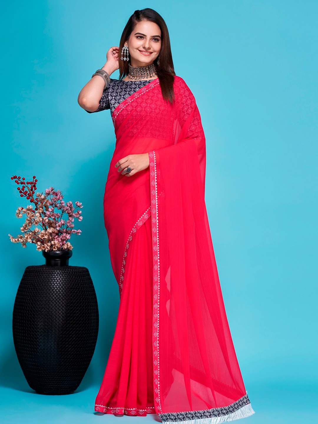

AVANTIKA FASHION Beads and Stones Pure Silk Saree, Pink