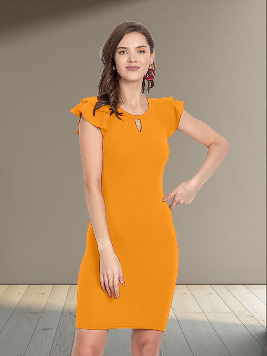 

N N ENTERPRISE Keyhole Neck Flared Sleeves Sheath Dress, Yellow