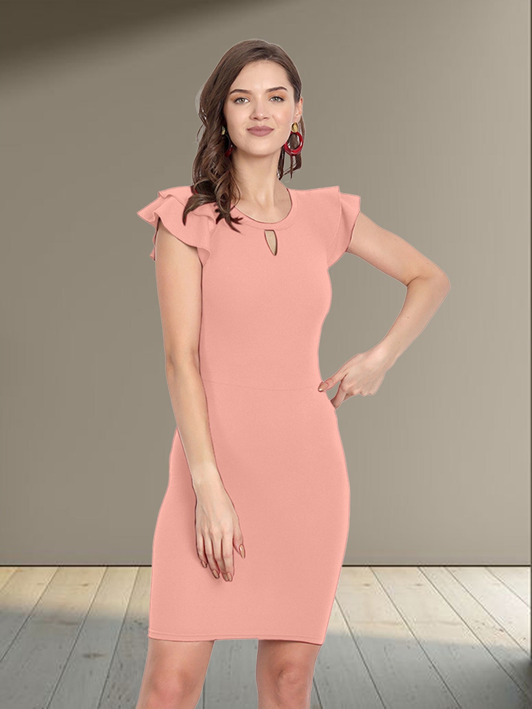 

N N ENTERPRISE Round Neck Flutter Sleeve Sheath Dress, Peach