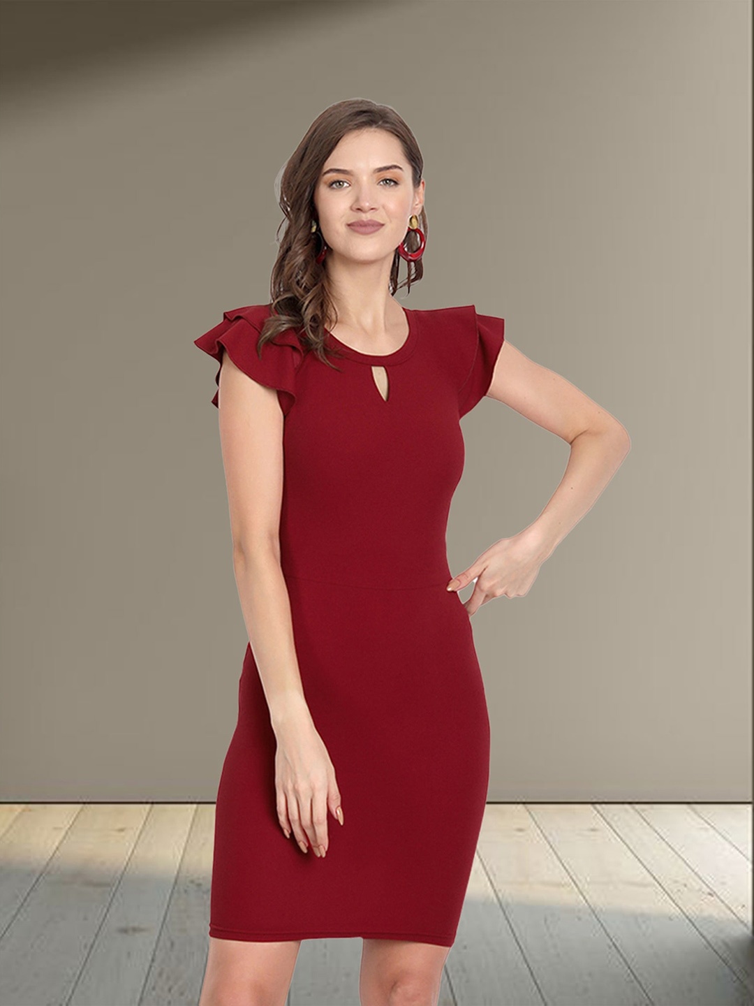 

N N ENTERPRISE Keyhole Neck Flutter Sleeves Sheath Dress, Maroon