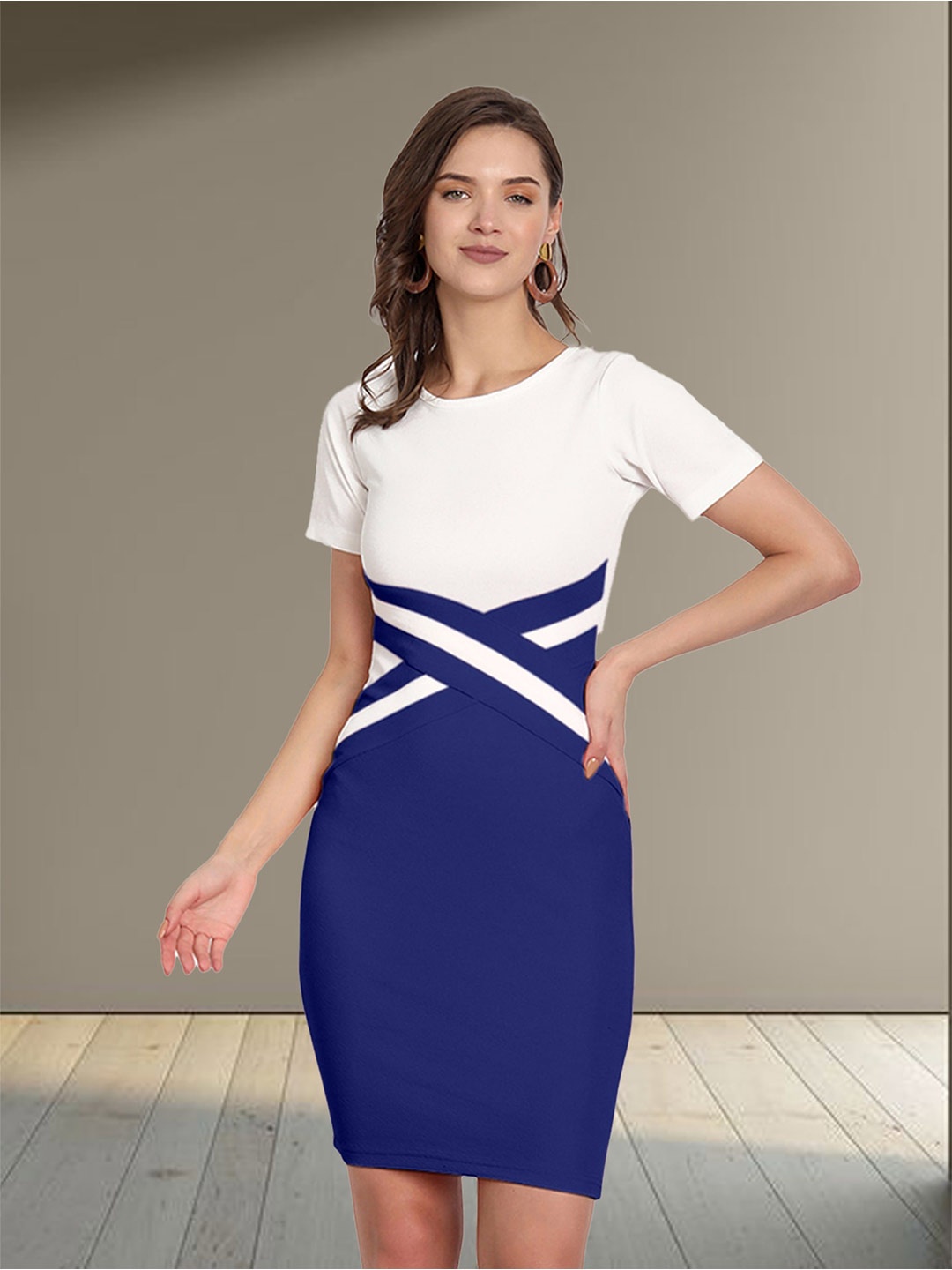 

N N ENTERPRISE Colourblock Round Neck Bodycon Dress, Blue