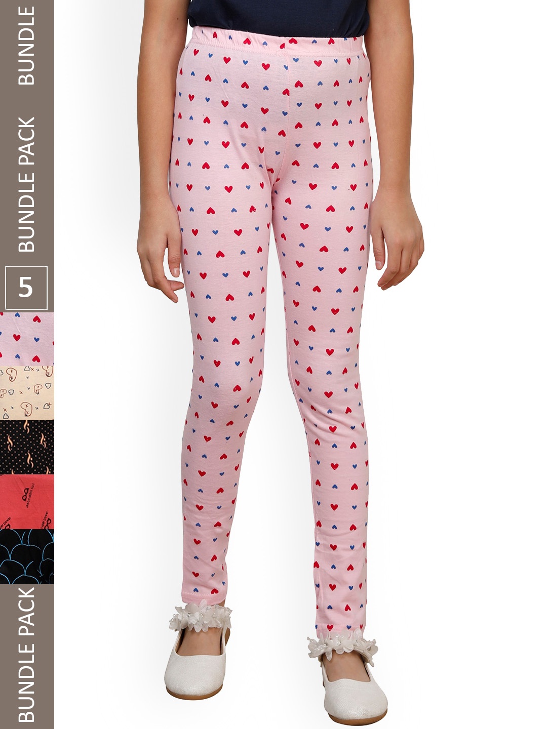 

IndiWeaves Girls Pack Of 5 Printed Pure-Cotton Ankle-Length Leggings, Red