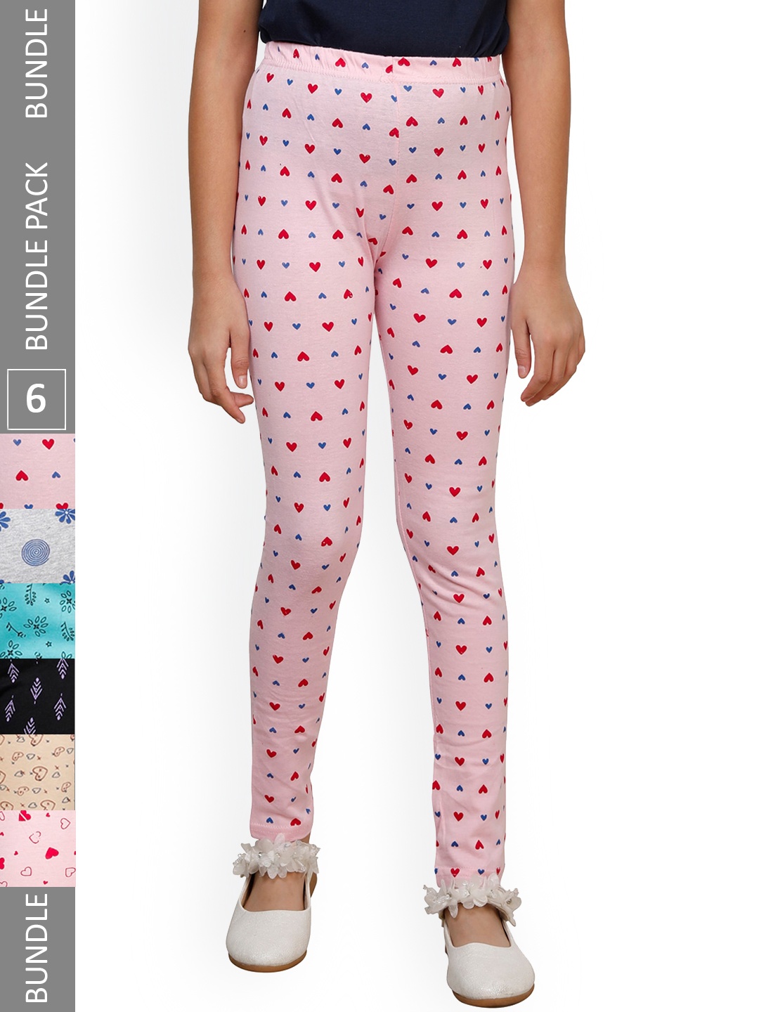 

IndiWeaves Girls Pack Of 6 Printed Pure Cotton Ankle Length Leggings, Pink