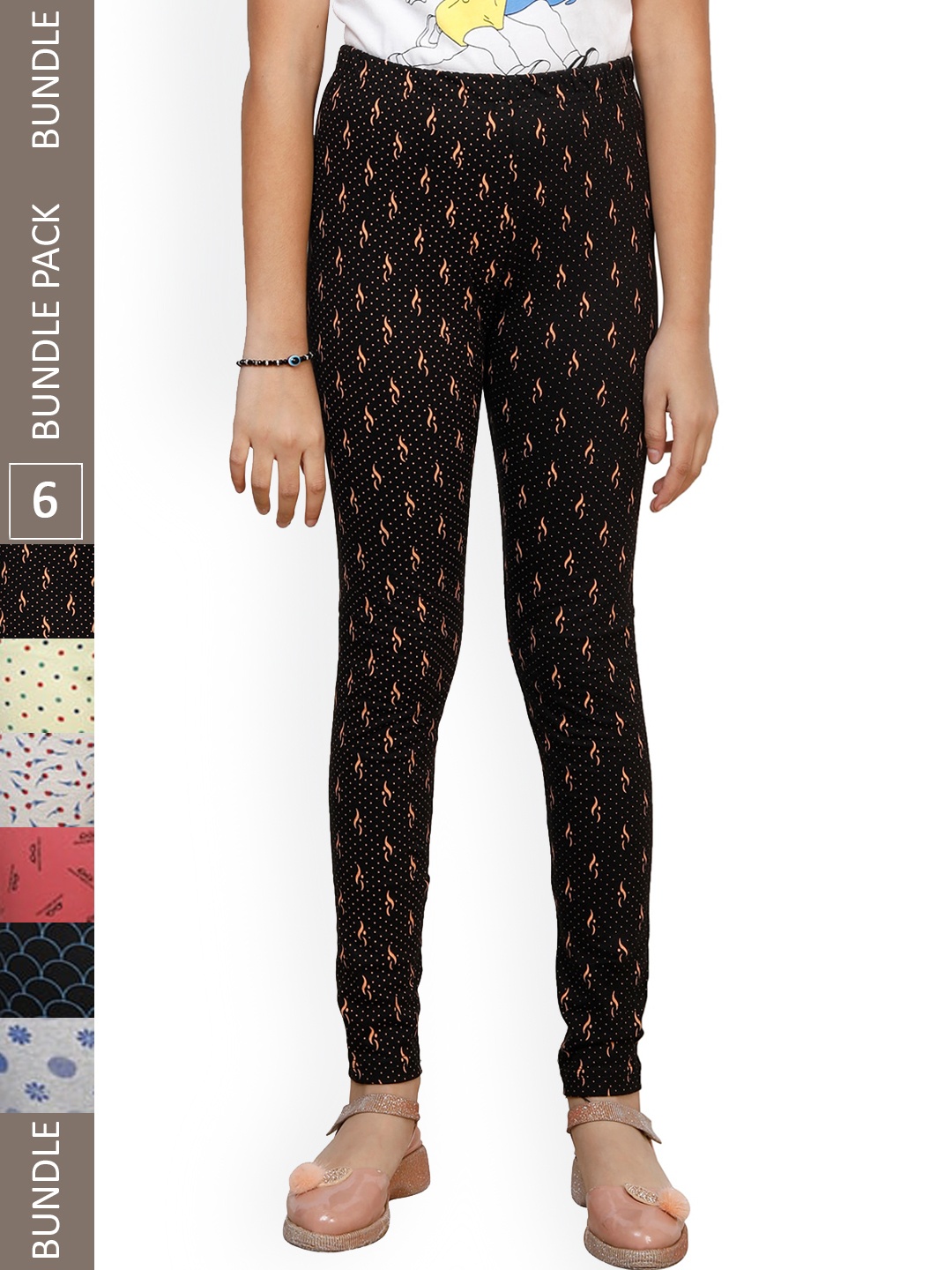 

IndiWeaves Girls Pack Of 6 Printed Ankle-Length Pure Cotton Leggings, Black