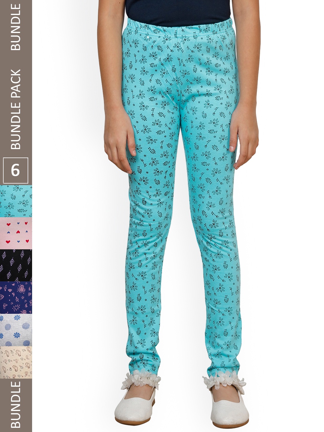

IndiWeaves Girls Pack Of 6 Printed Pure-Cotton Ankle Length Leggings, Blue