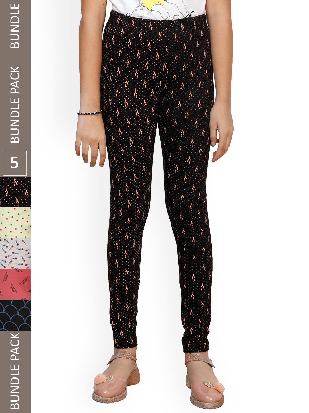 

IndiWeaves Girls Pack Of 5 Printed Pure Cotton Ankle Length Leggings, Black