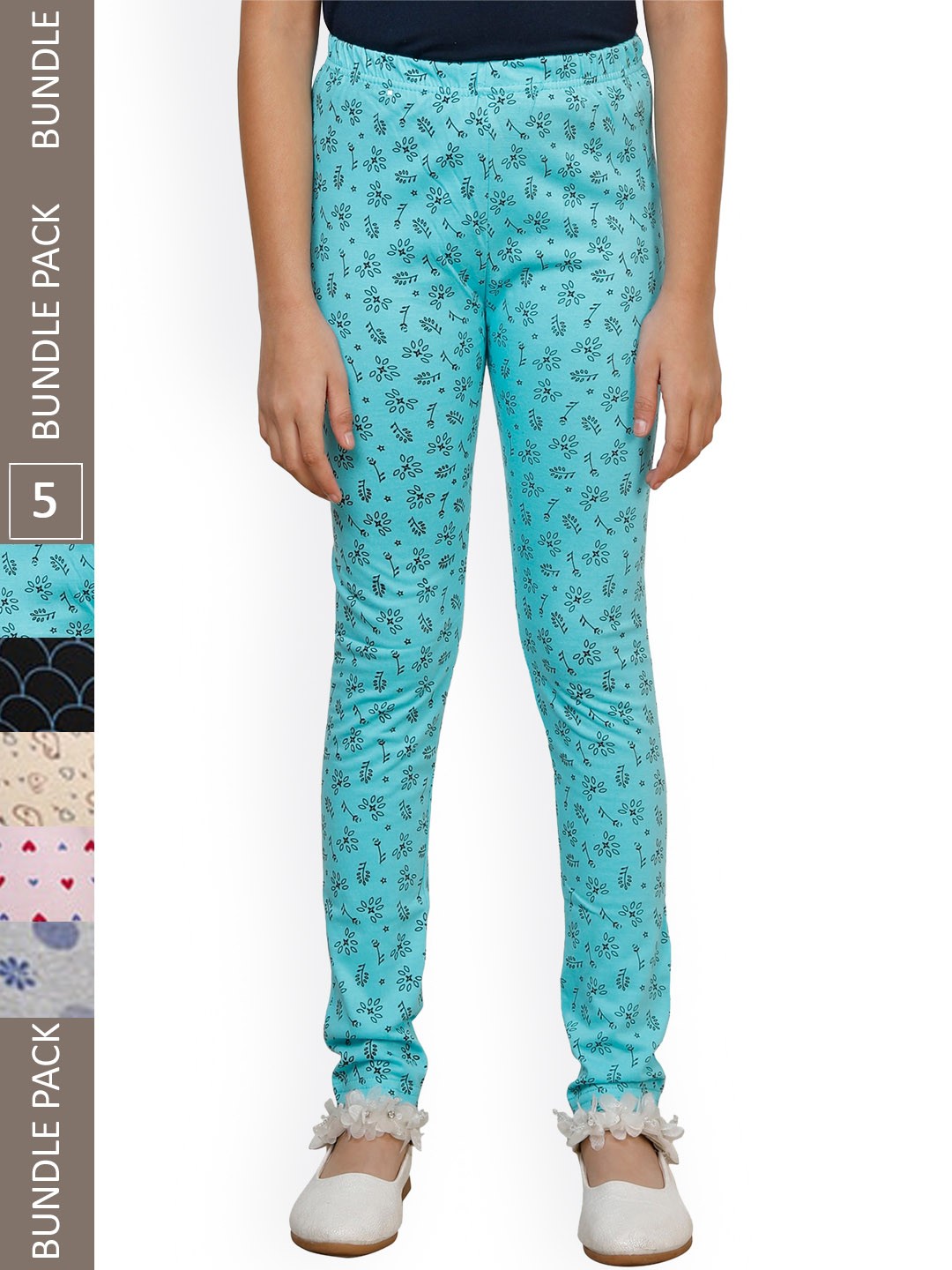 

IndiWeaves Girls Pack Of 5 Printed Pure Cotton Ankle Length Leggings, Blue