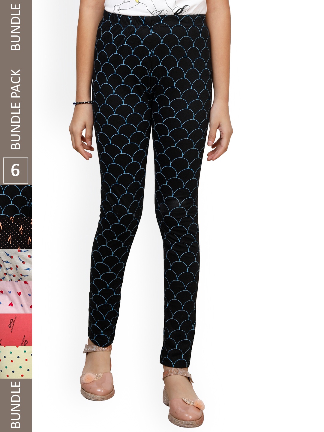 

IndiWeaves Girls Pack Of 6 Printed Pure Cotton Ankle Length Leggings, Black
