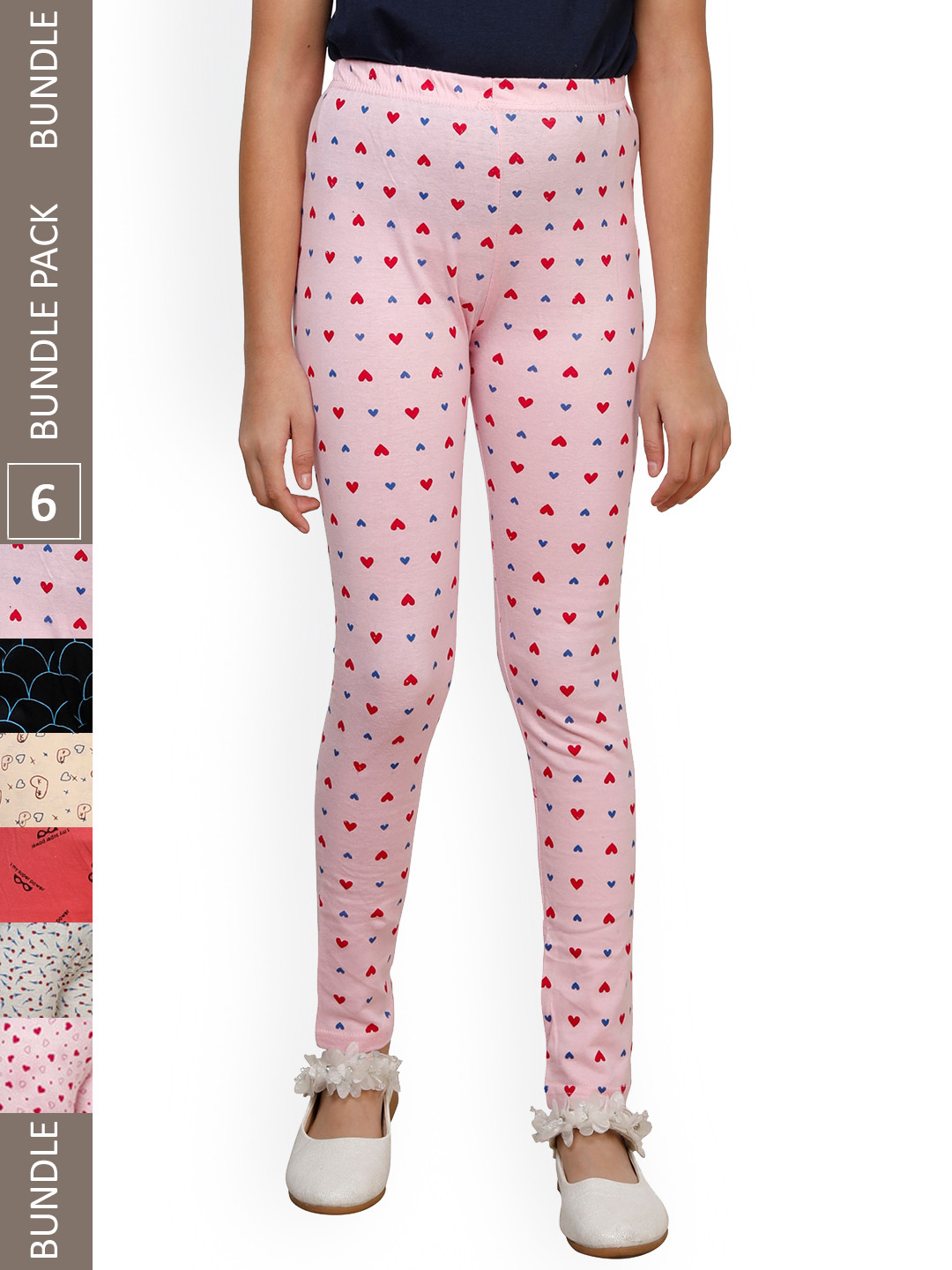 

IndiWeaves Girls Pack Of 6 Printed Pure-Cotton Ankle Length Leggings, Pink