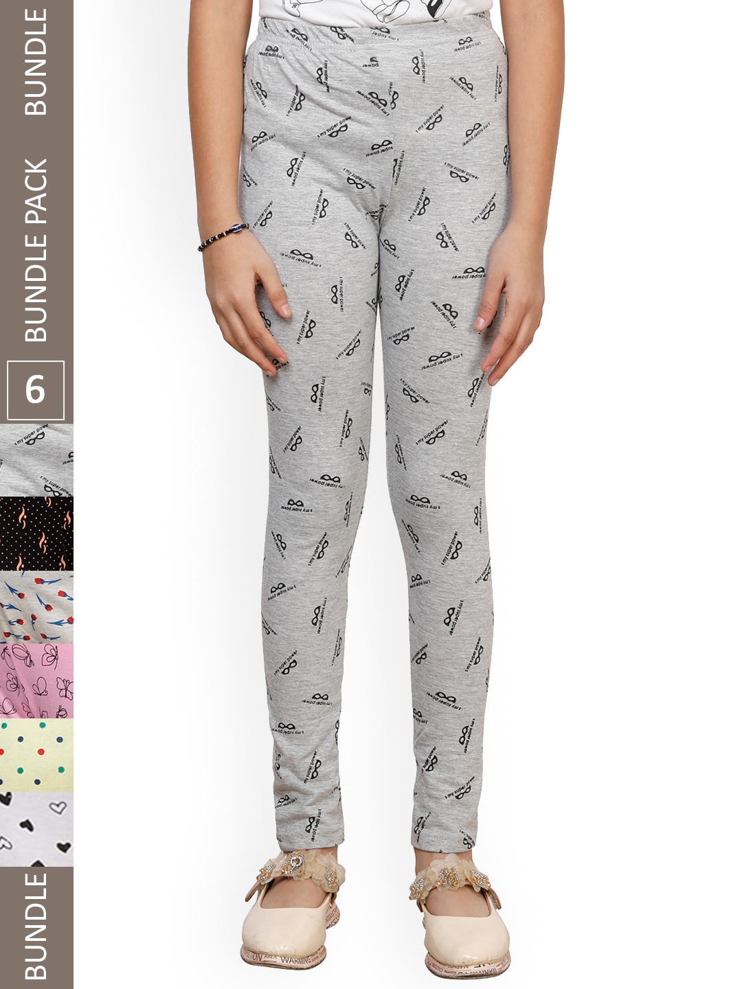 

IndiWeaves Girls Pack Of 6 Printed Pure Cotton Ankle Length Leggings, White