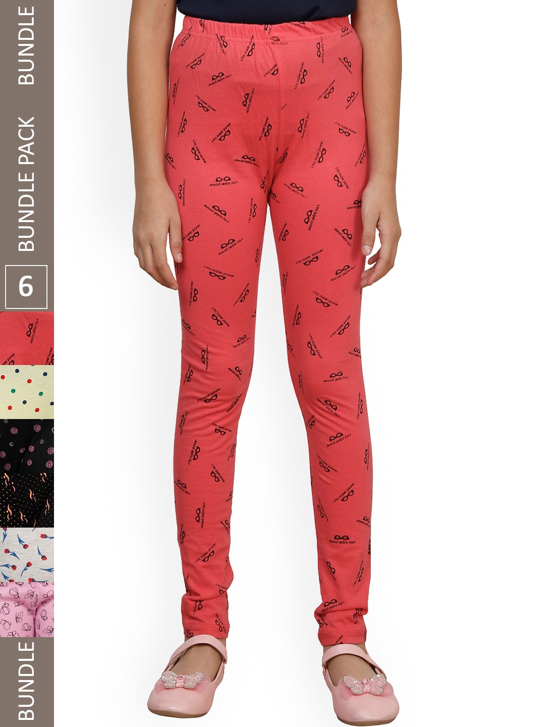 

IndiWeaves Girls Pack Of 6 Printed Pure Cotton Ankle Length Leggings, Pink