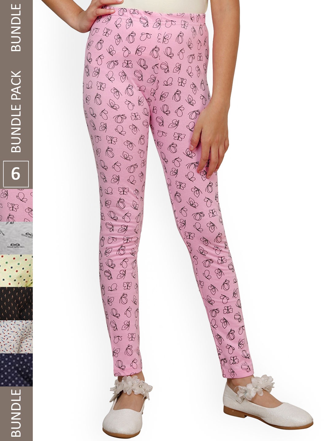 

IndiWeaves Girls Pack Of 6 Printed Pure-Cotton Ankle Length Leggings, Black