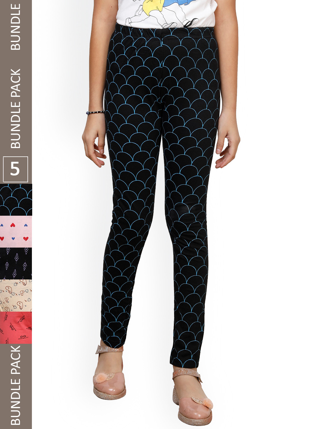 

IndiWeaves Girls Pack Of 5 Printed Pure Cotton Ankle Length Leggings, Black