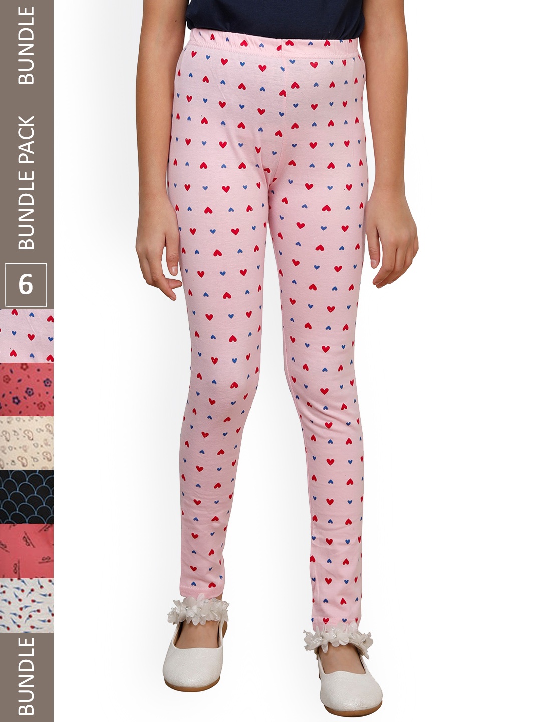 

IndiWeaves Girls Pack Of 6 Printed Ankle-Length Pure Cotton Leggings, Pink