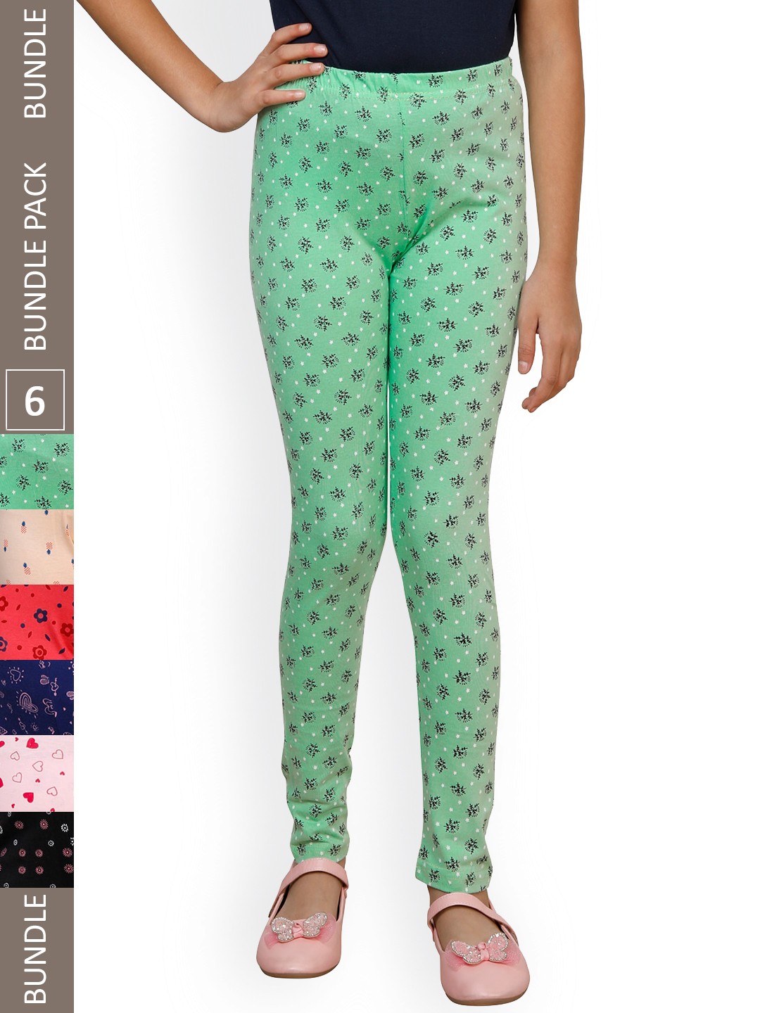 

IndiWeaves Girls Pack Of 6 Printed Pure Cotton Ankle Length Leggings, Green
