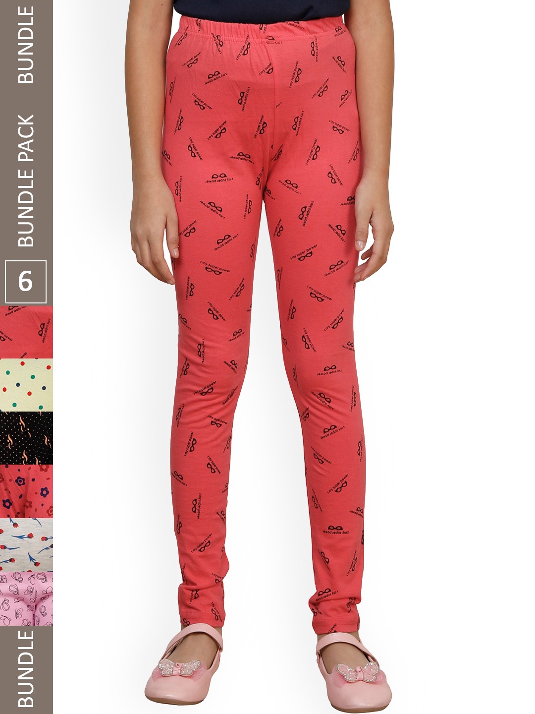 

IndiWeaves Girls Pack Of 6 Printed Pure Cotton Ankle-Length Leggings, Pink