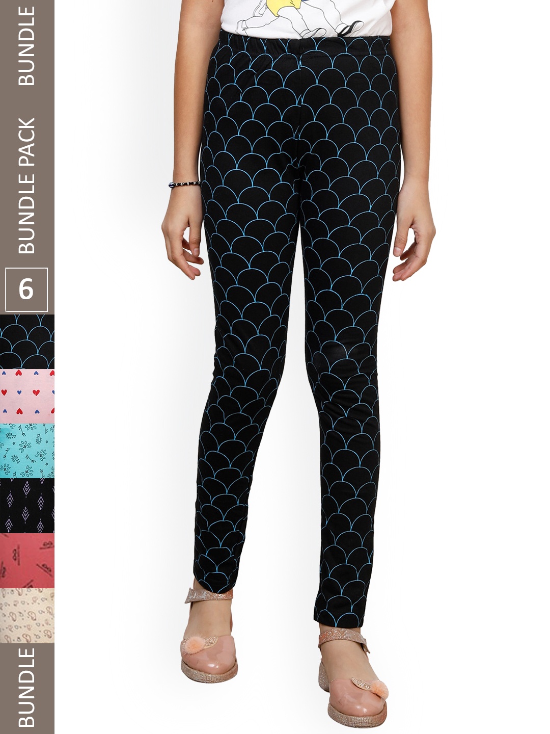 

IndiWeaves Girls Pack Of 6 Pure Cotton Printed Ankle Length Leggings, Black