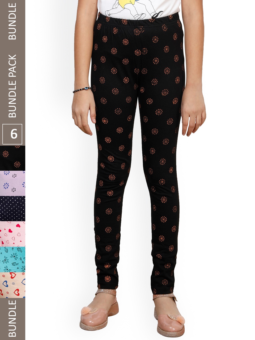 

IndiWeaves Girls Pack Of 6 Printed Pure Cotton Ankle Length Leggings, Black