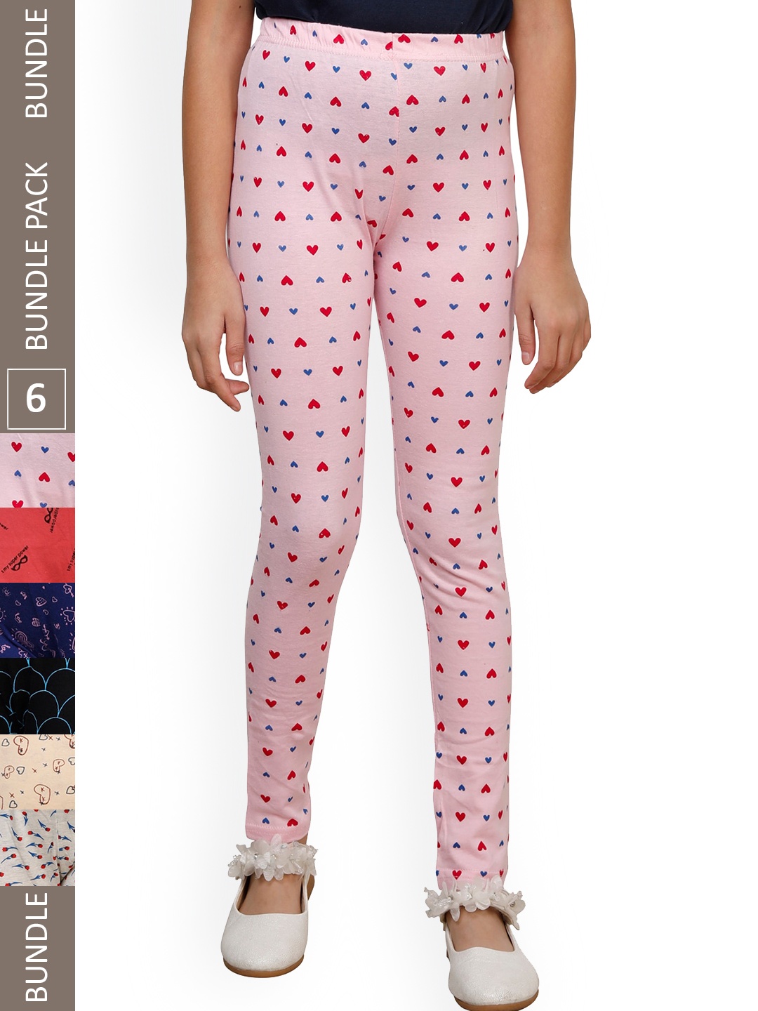 

IndiWeaves Girls Pack of 6 Printed Pure Cotton Ankle Length Leggings, Pink