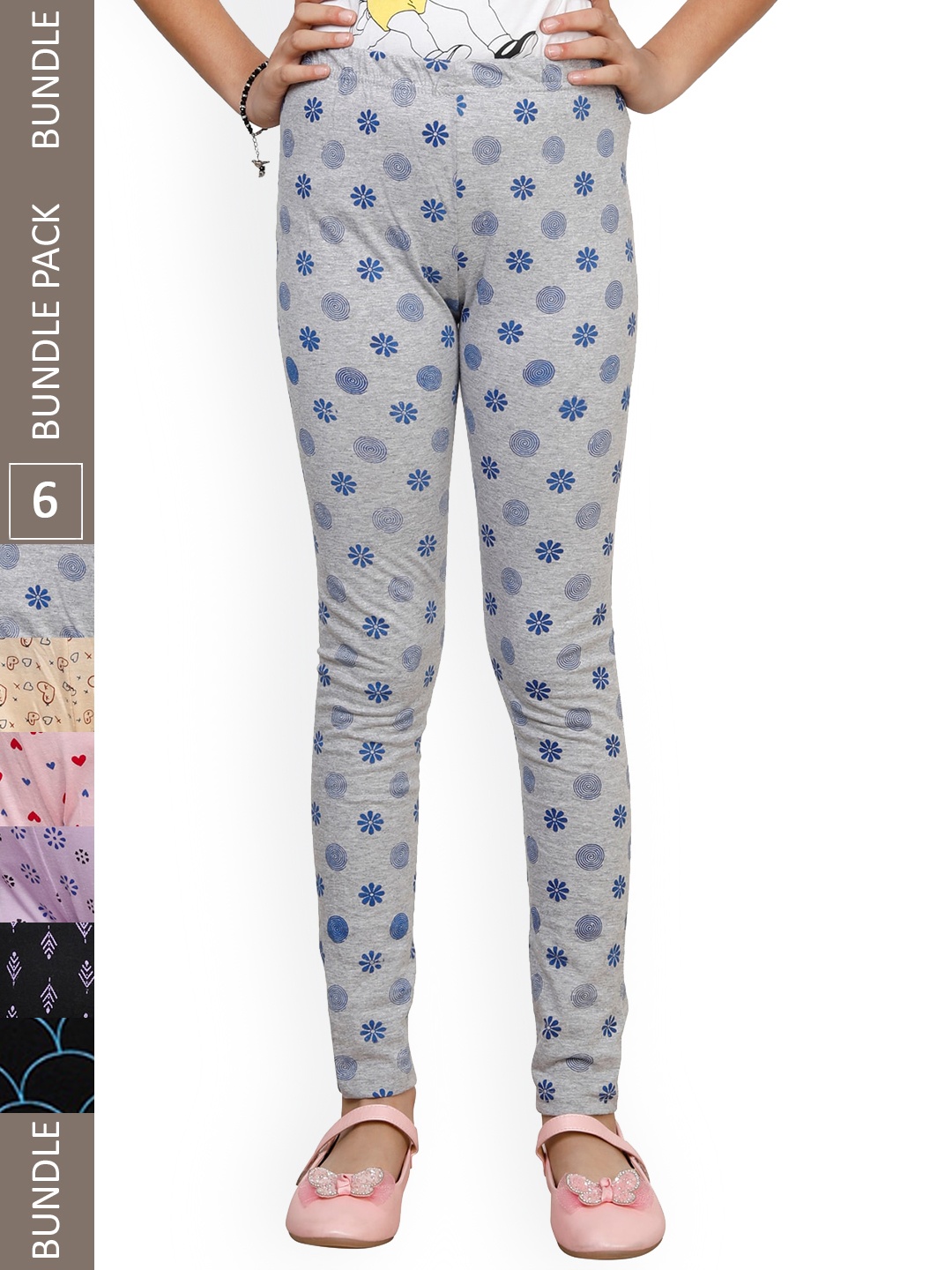 

IndiWeaves Girls Pack Of 6 Printed Pure-Cotton Ankle Length Leggings, Grey