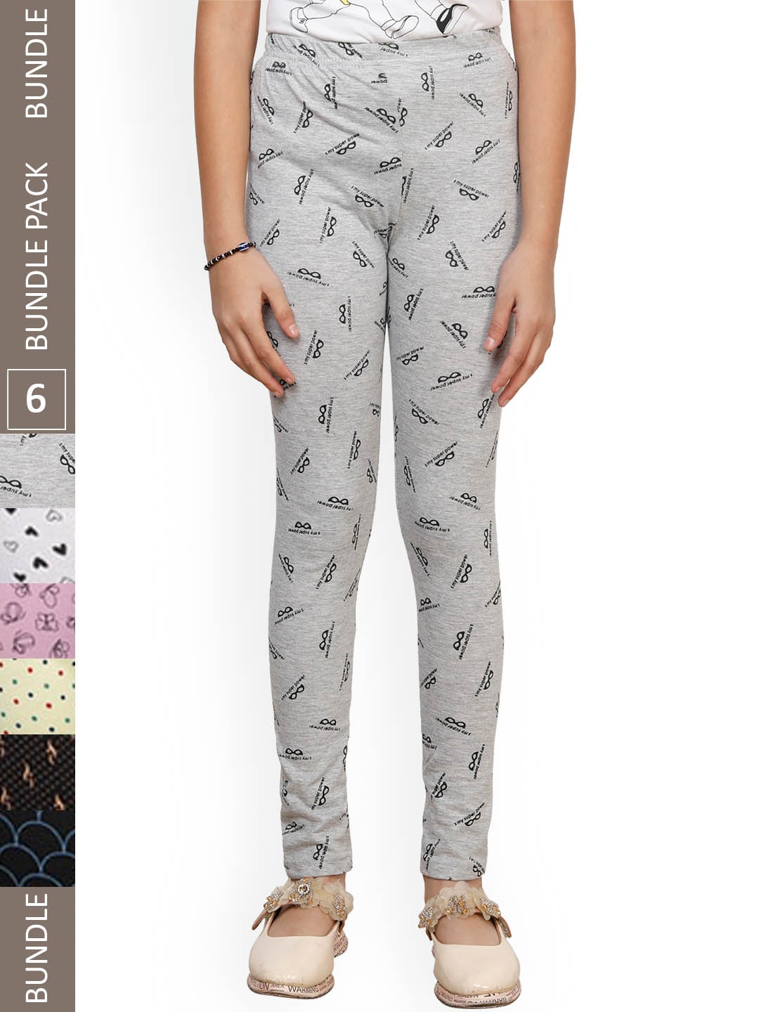 

IndiWeaves Girls Pack Of 6 Printed Pure-Cotton Ankle Length Leggings, White