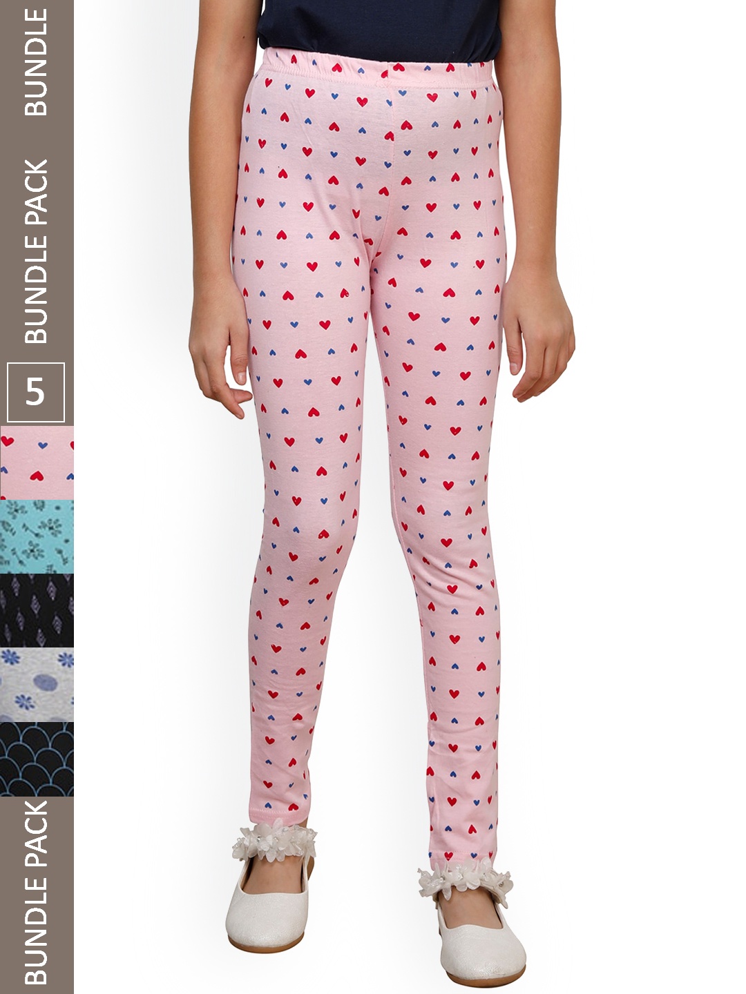 

IndiWeaves Girls Pack Of 5 Printed Ankle-Length Pure Cotton Leggings, Pink