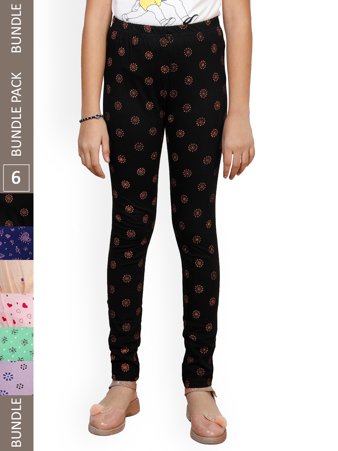 

IndiWeaves Girls Pack of 6 Super Soft Pure Cotton Allover Printed Ankle-LengthLeggings, Black
