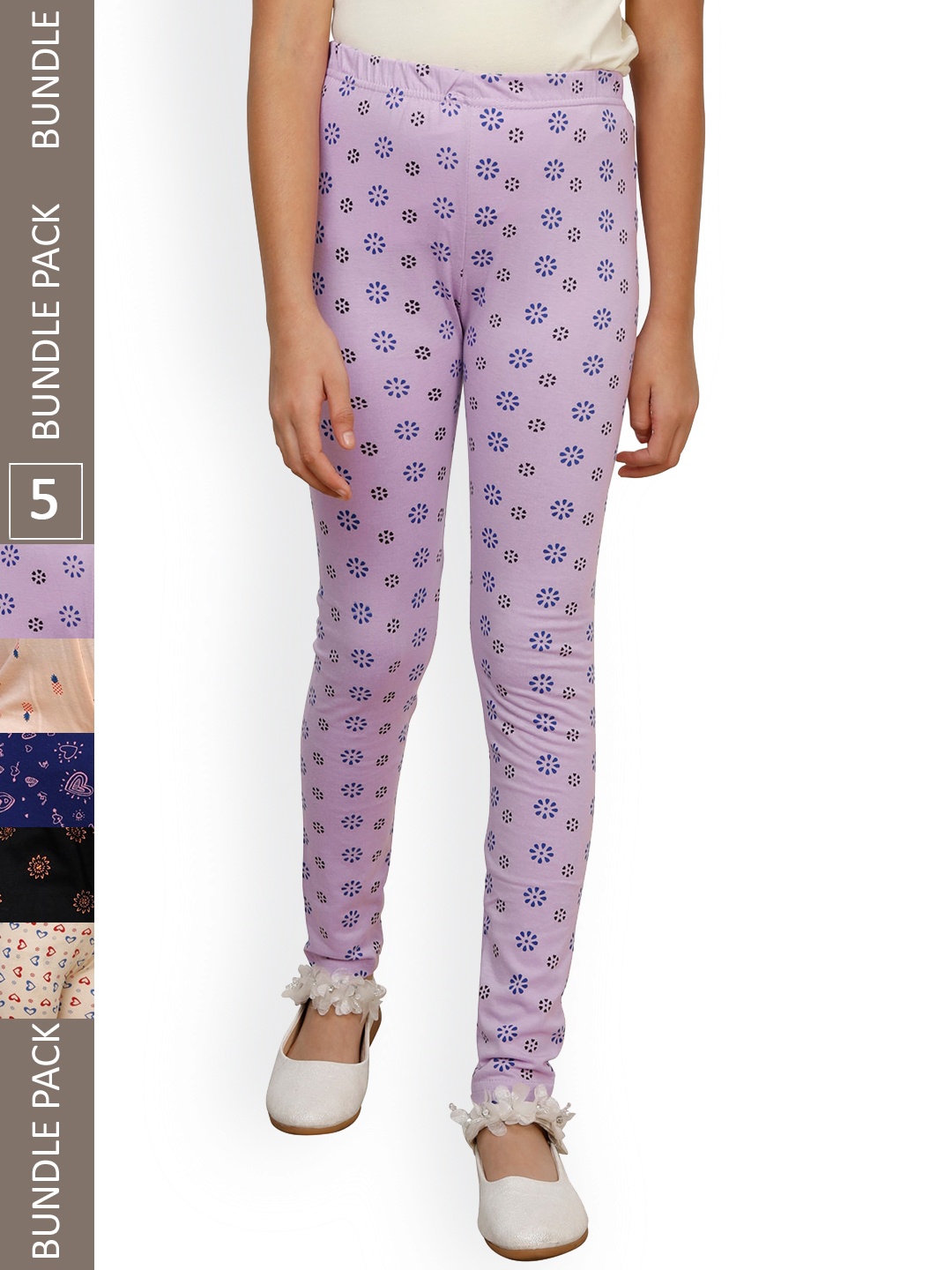 

IndiWeaves Girls Pack Of 5 Pure Cotton Printed Churidar Length Leggings, Purple