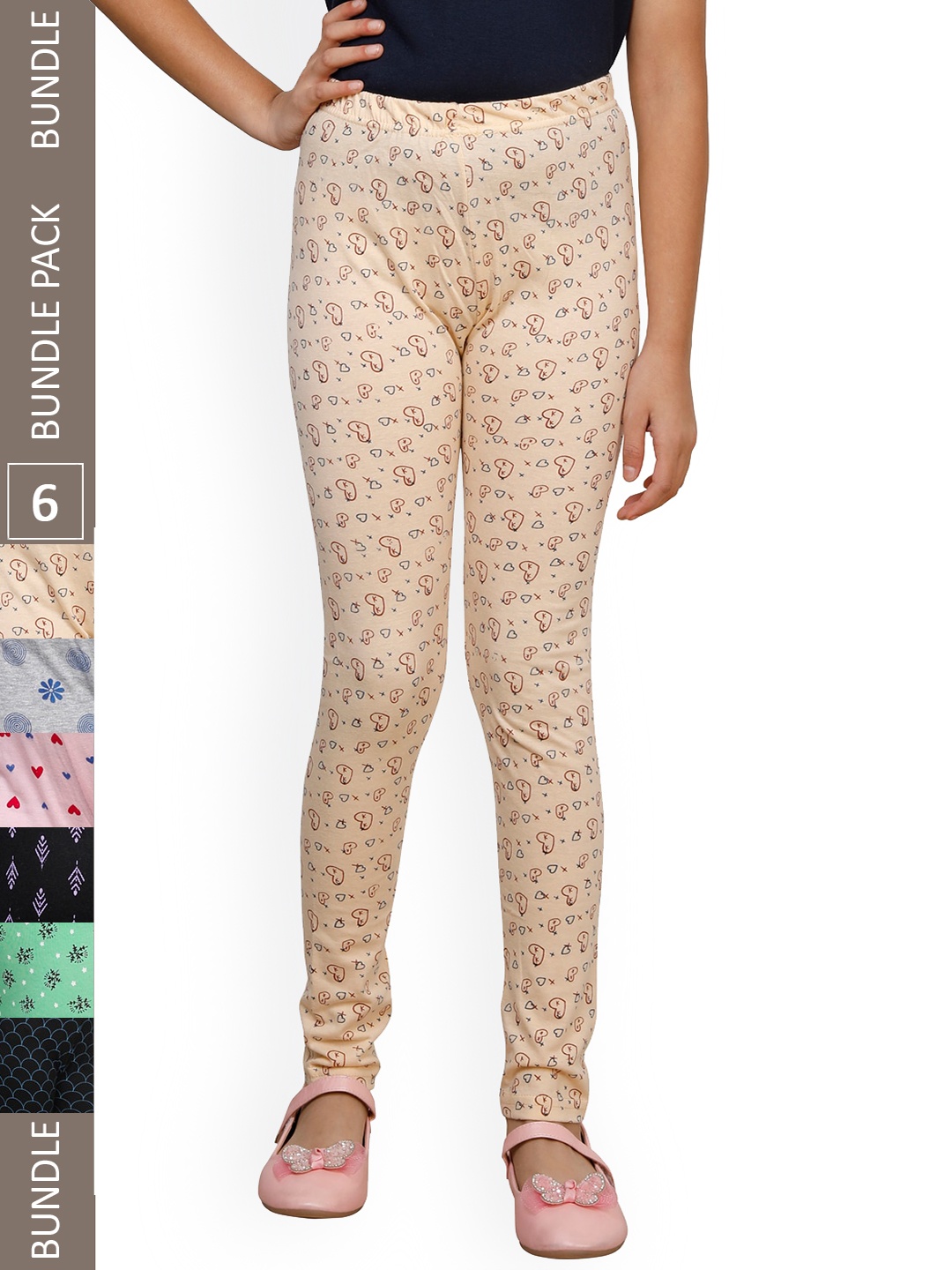 

IndiWeaves Girls Pack Of 6 Printed Pure Cotton Ankle Length Leggings, Beige