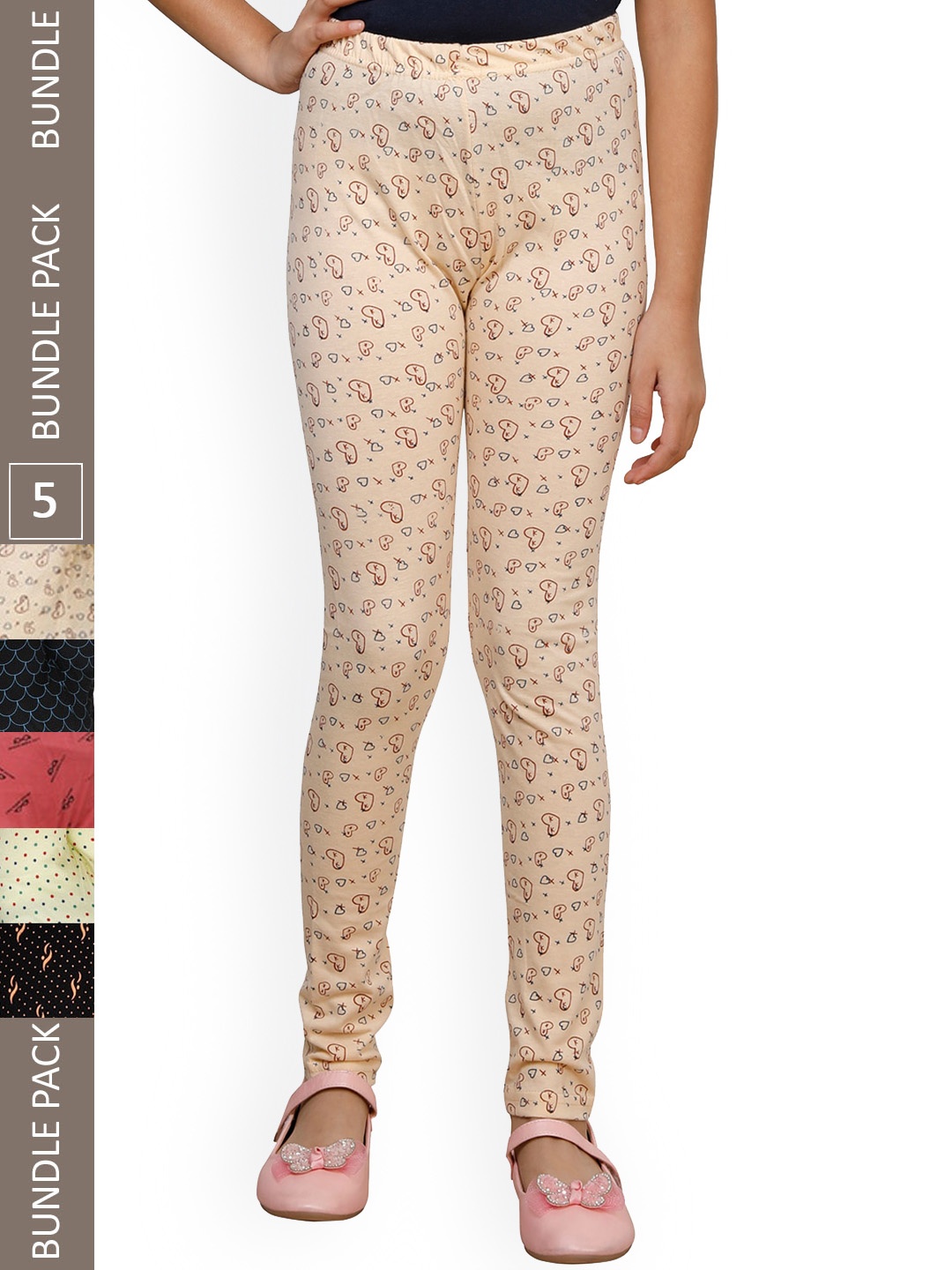 

IndiWeaves Girls Pack Of 5 Printed Pure Cotton Ankle Length Leggings, Peach