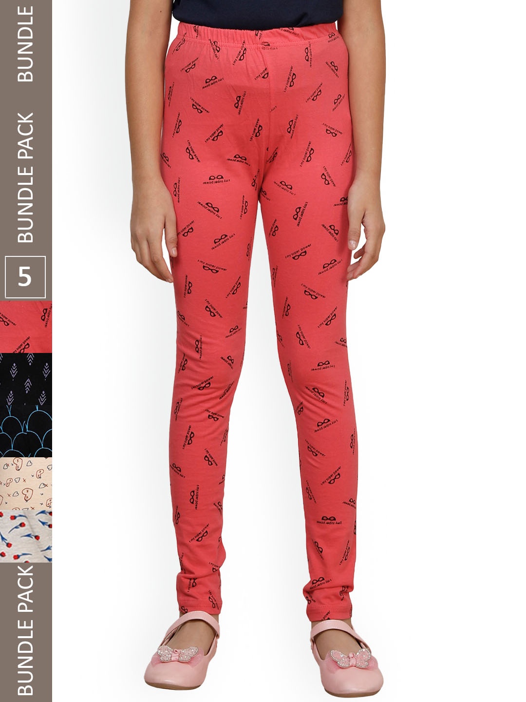 

IndiWeaves Girls Pack Of 5 Printed Pure Cotton Ankle Length Leggings, Red