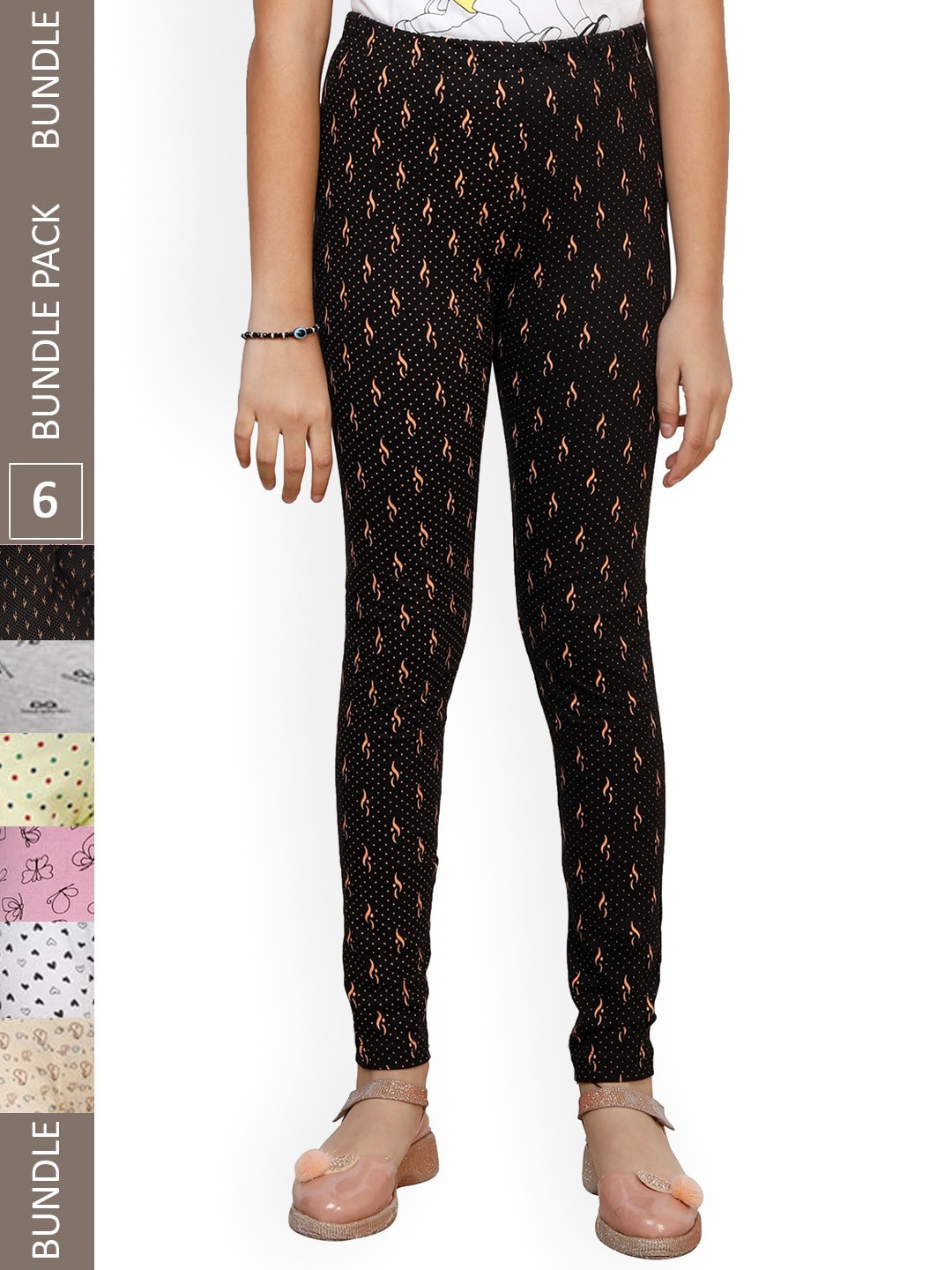

IndiWeaves Girls Pack Of 6 Printed Pure Cotton Ankle Length Leggings, Black