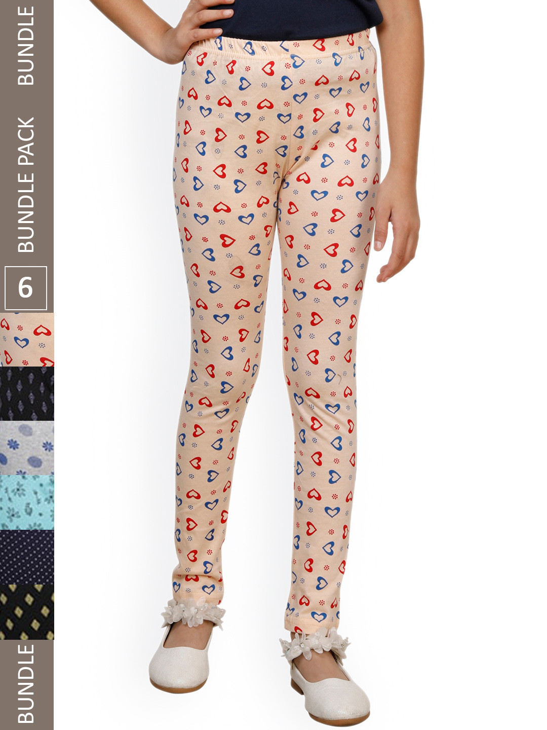 

IndiWeaves Girls Pack Of 6 Printed Pure Cotton Ankle Length Leggings, Peach