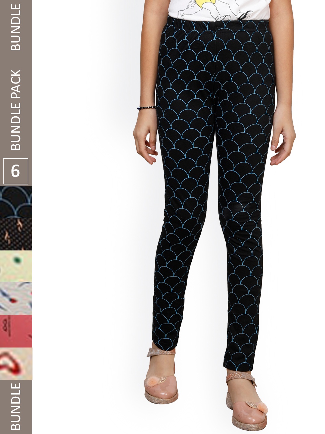 

IndiWeaves Girls Pack of 6 Pure Cotton Printed Ankle-Length Leggings, Navy blue