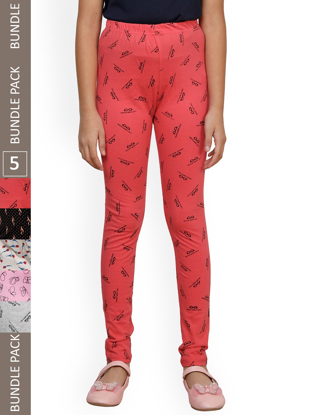 

IndiWeaves Girls Pack Of 5 Printed Pure Cotton Ankle Length Leggings, Red