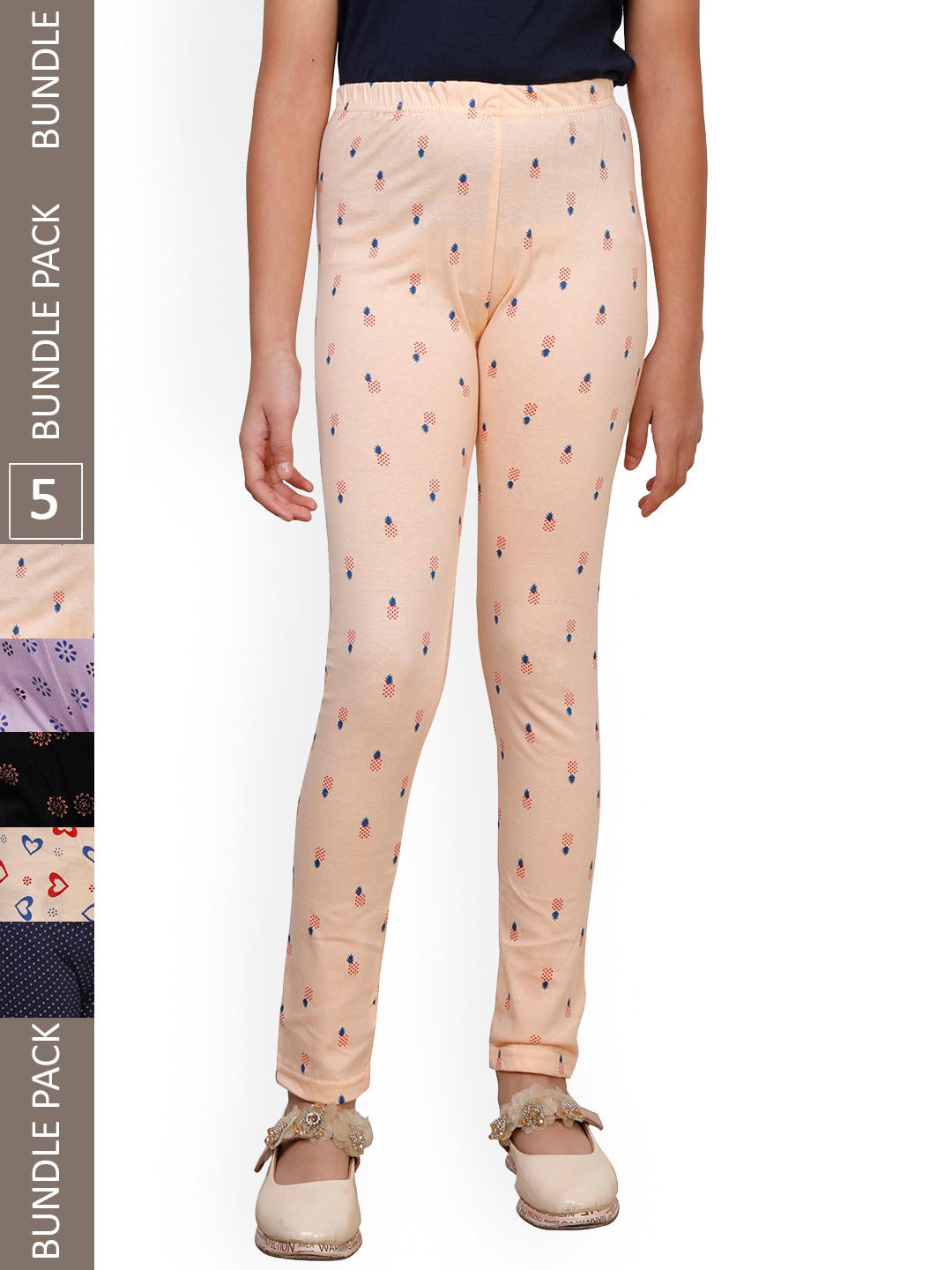 

IndiWeaves Girls Pack Of 5 Printed Pure Cotton Ankle Length Leggings, Peach