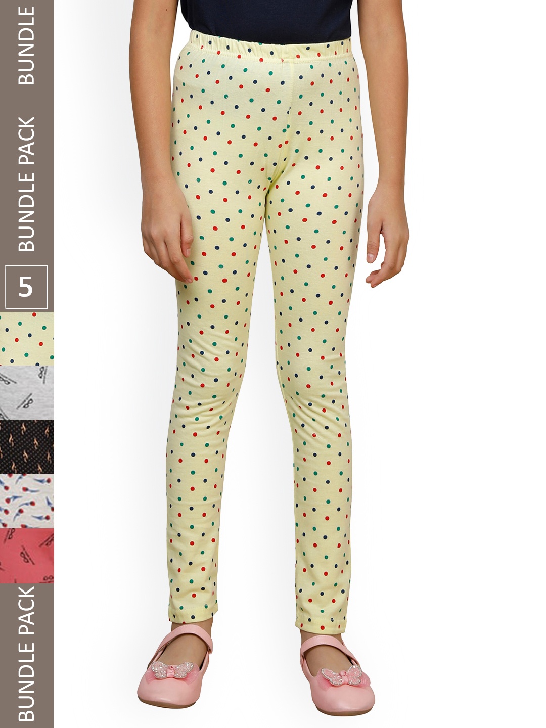 

IndiWeaves Girls Pack Of 5 Printed Pure Cotton Ankle Length Leggings, Yellow
