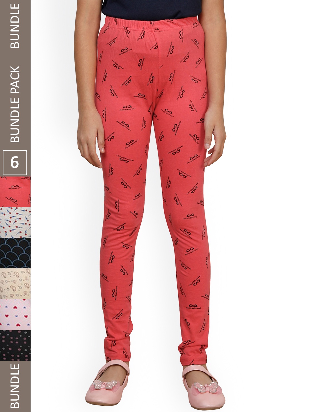 

IndiWeaves Girls Pack Of 6 Printed Pure Cotton Leggings, Red