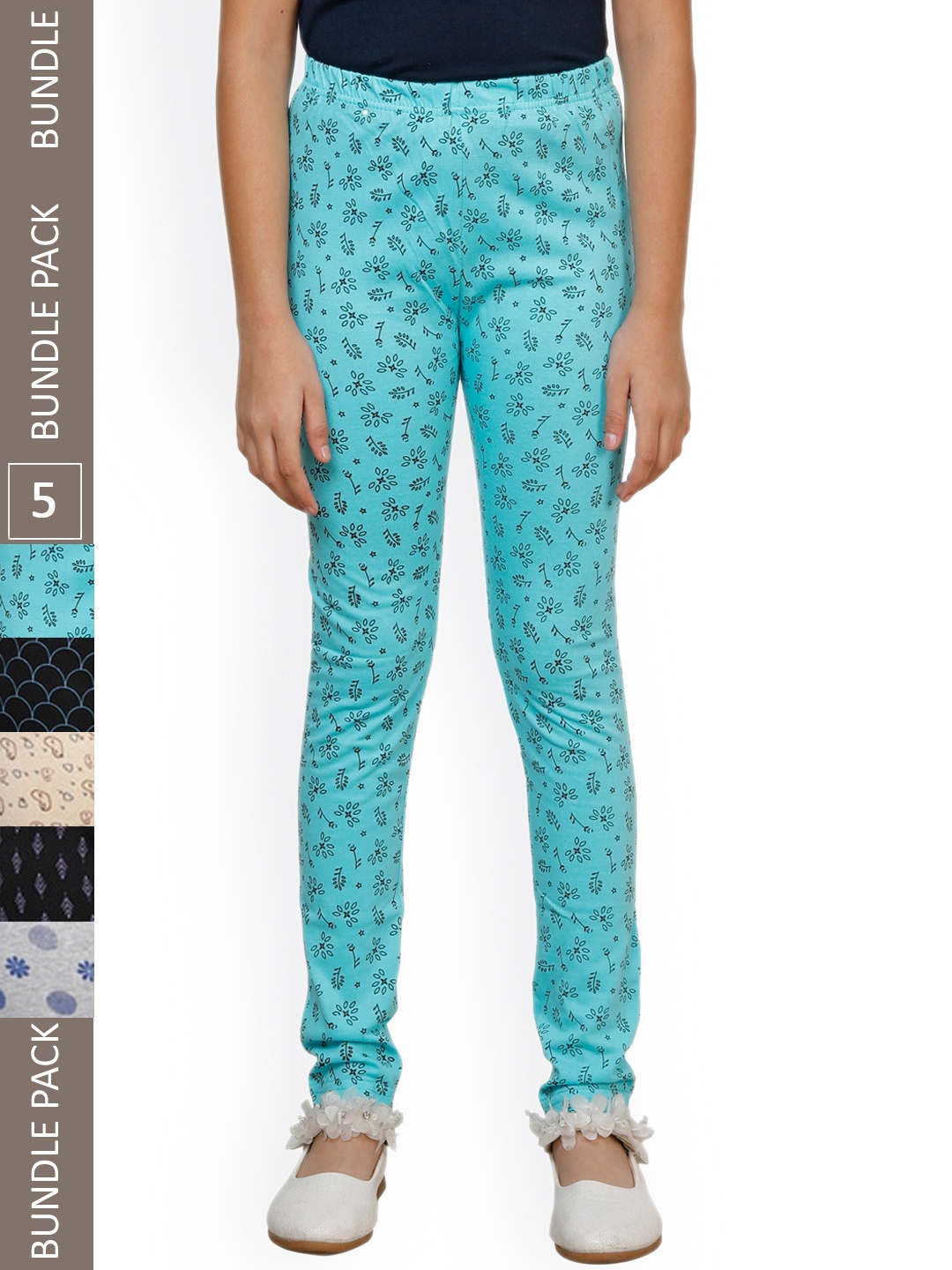 

IndiWeaves Girls Pack Of 5 Pure Cotton Printed Ankle Length Leggings, Blue
