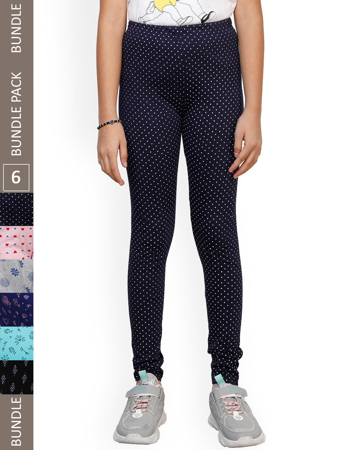 

IndiWeaves Girls Pack Of 6 Printed Pure-Cotton Ankle Length Leggings, Navy blue