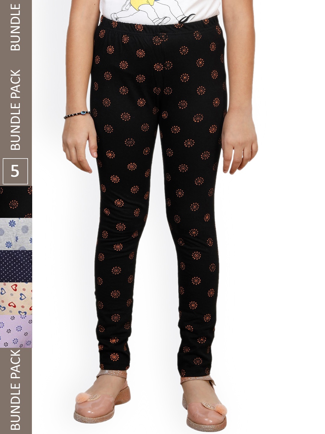 

IndiWeaves Girls Pack Of 5 Printed Pure Cotton Ankle Length Leggings, Black