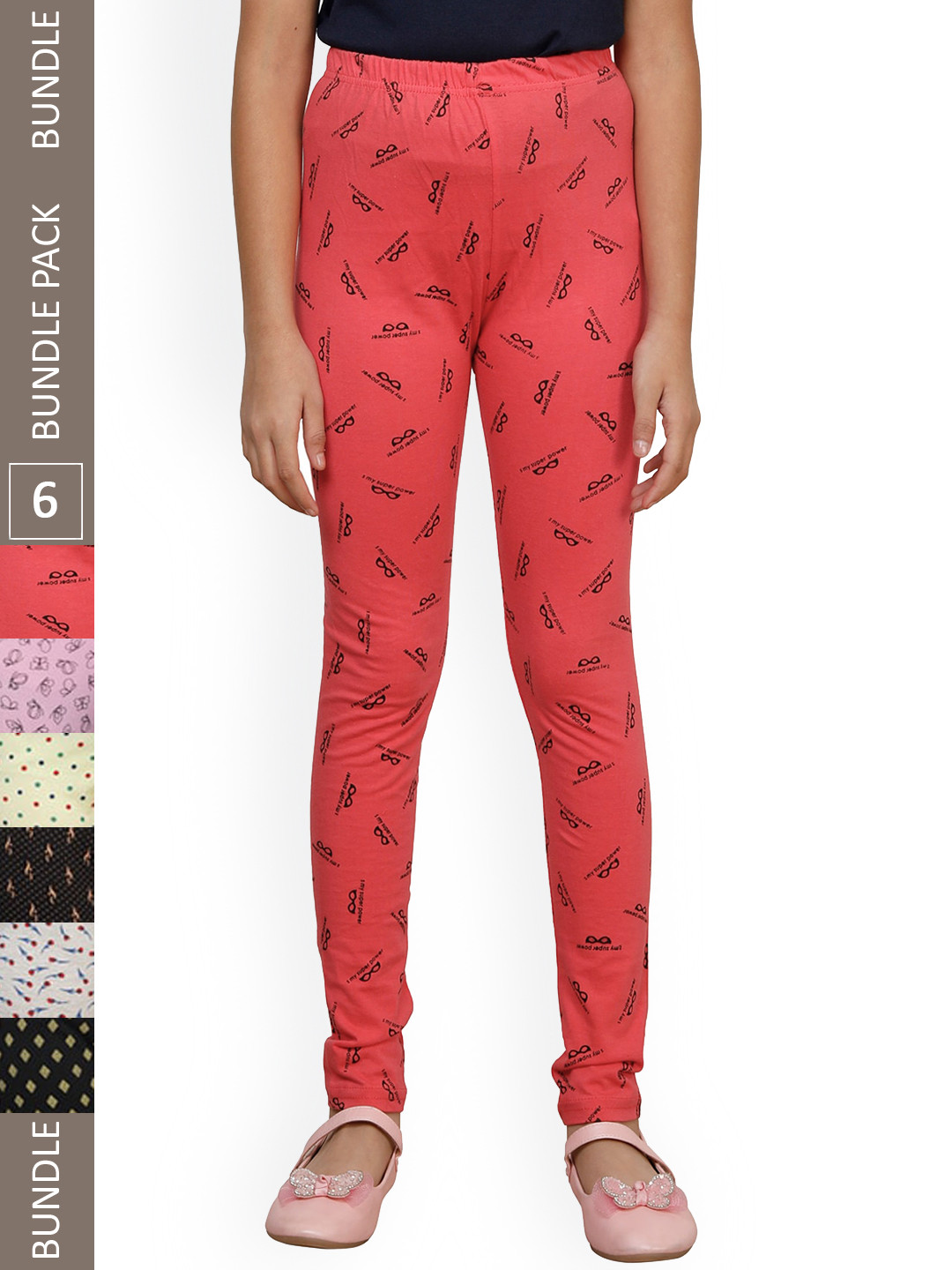 

IndiWeaves Girls Pack Of 6 Printed Pure Cotton Ankle Length Leggings, Red
