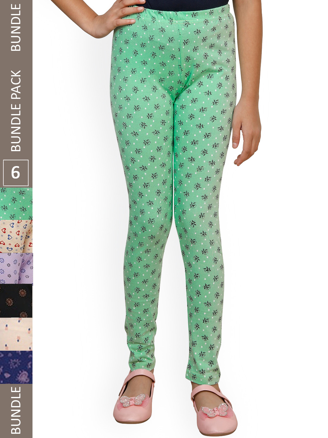 

IndiWeaves Girls Pack Of 6 Printed Pure Cotton Ankle Length Leggings, Green