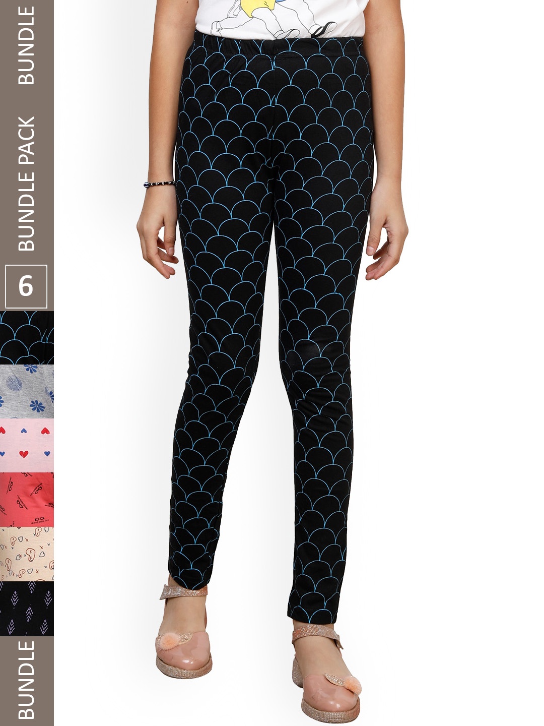 

IndiWeaves Girls Pack Of 6 Printed Pure Cotton Ankle Length Leggings, Black