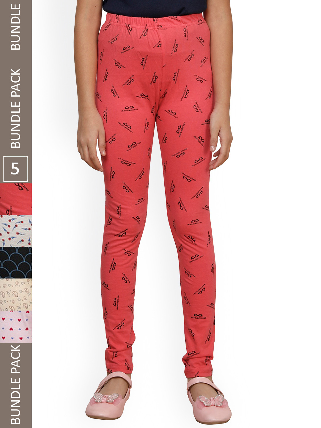 

IndiWeaves Girls Pack Of 5 Super Soft Pure Cotton Printed Ankle Length Leggings, Red