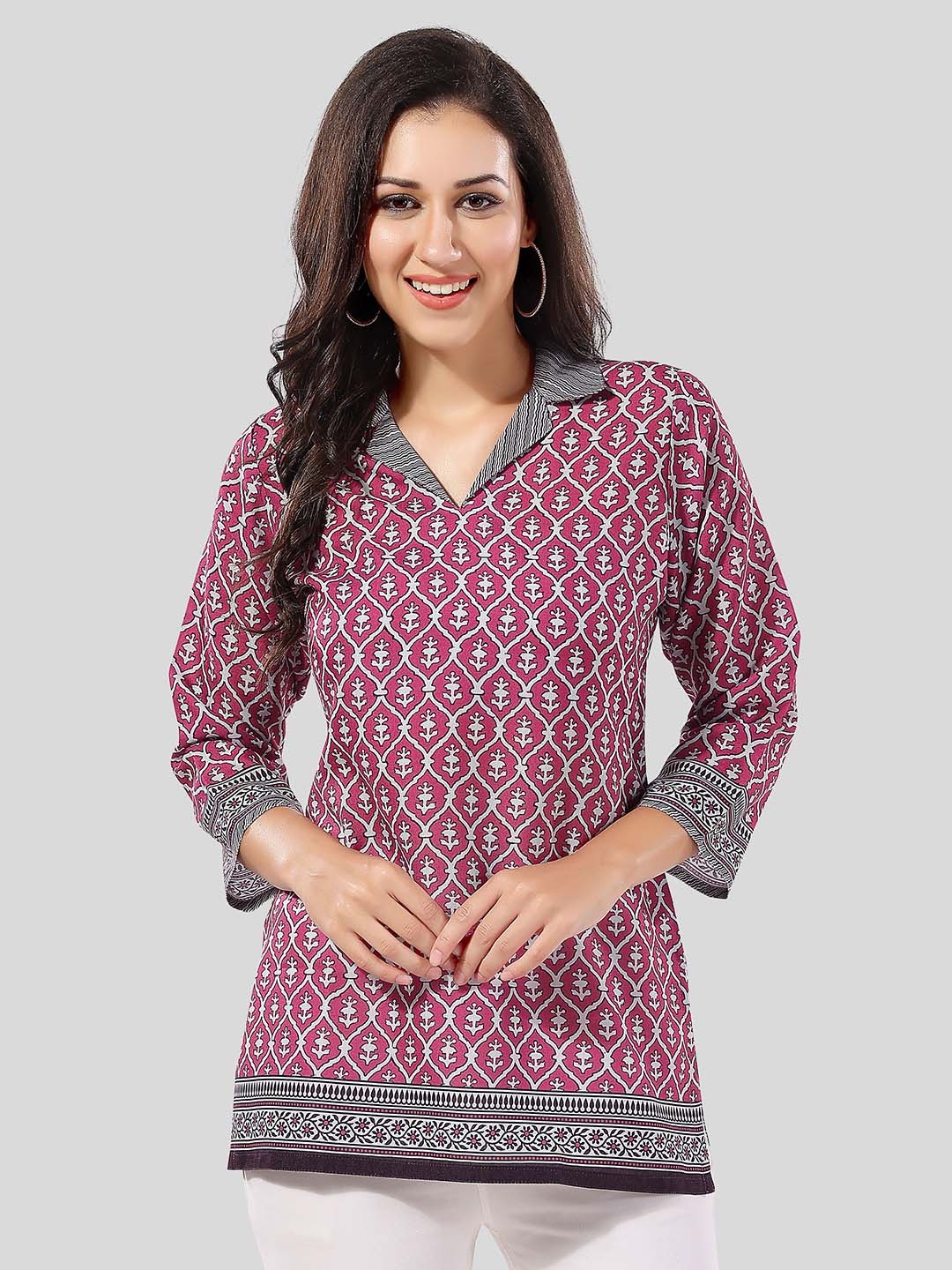 

keshubaba Mandarin Collar Ethnic Motifs Printed Cotton Tunic, Pink