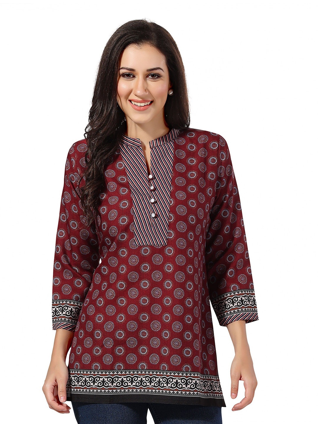 

keshubaba Floral Printed Pure Cotton Straight Kurti, Maroon